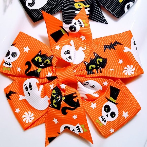 Halloween Hair Bows Clips Ghost Skull and Black Cat - Picture 4 of 6